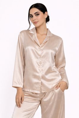 Pijama de Seda Color Champán de Manga Larga y Pantalón Largo