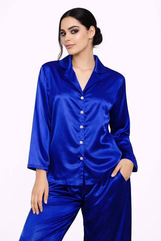 Pijama de Satin Azul de Manga Larga y Pantalón Largo