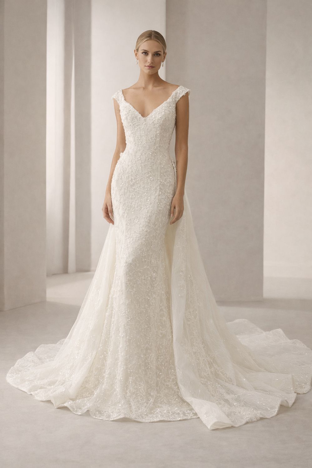 Vestido de Novia Corte Sirena con Sobrefalda y Cristales – Escote Off Shoulders