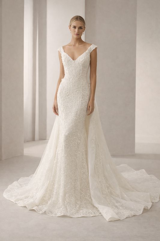 Vestido de Novia Corte Sirena con Sobrefalda y Cristales – Escote Off Shoulders