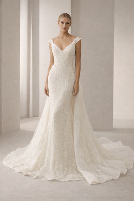 Vestido de Novia Corte Sirena con Sobrefalda y Cristales – Escote Off Shoulders