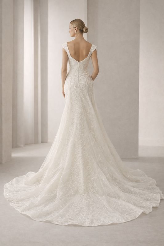 Vestido de Novia Corte Sirena con Sobrefalda y Cristales – Escote Off Shoulders