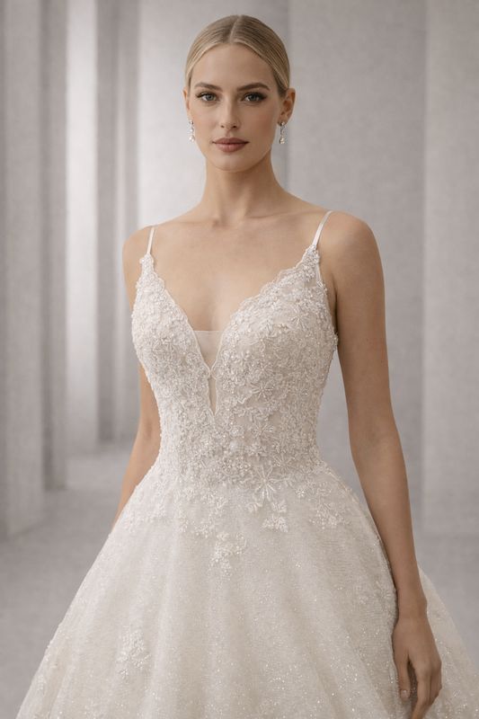 Vestido de Novia Corte A con Escote en V, Encaje y Brillos – Espalda Corsé