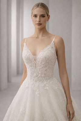 Vestido de Novia Corte A con Escote en V, Encaje y Brillos – Espalda Corsé