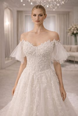 Vestido de Novia Blanco Tipo Strapless con Mangas Caídas, Pedrería y Falda de Tul