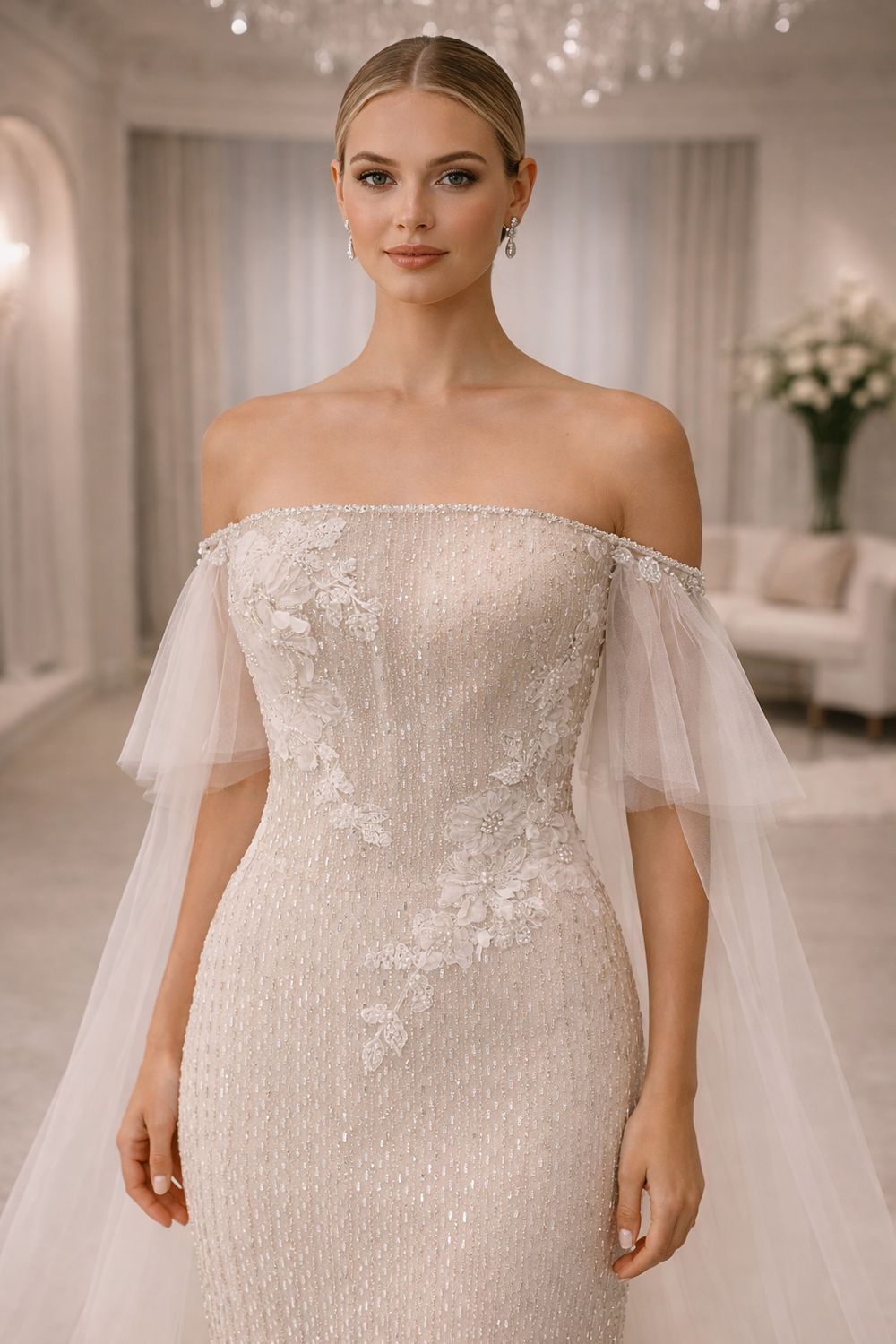 Vestido de Novia Corte Trompeta Strapless con Cristales Plateados y Mangas Desmontables