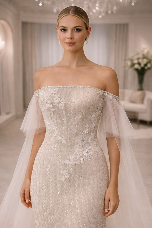 Vestido de Novia Corte Trompeta Strapless con Cristales Plateados y Mangas Desmontables