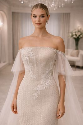 Vestido de Novia Corte Trompeta Strapless con Cristales Plateados y Mangas Desmontables