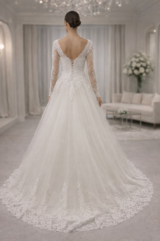 Vestido de Novia Corte A de Encaje Clásico con Mangas y Espalda Corsé
