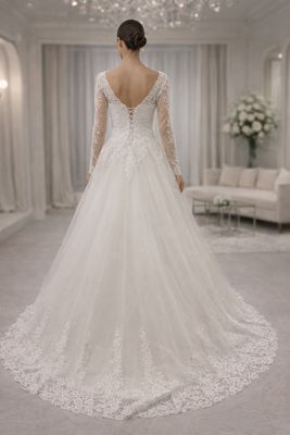 Vestido de Novia Corte A de Encaje Clásico con Mangas y Espalda Corsé