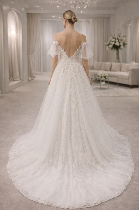 Vestido de Novia Blanco Tipo Strapless con Mangas Caídas, Pedrería y Falda de Tul