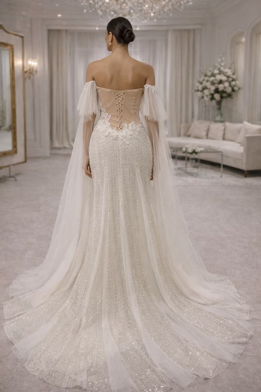 Vestido de Novia Corte Trompeta Strapless con Cristales Plateados y Mangas Desmontables