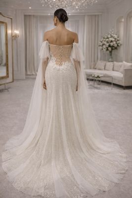 Vestido de Novia Corte Trompeta Strapless con Cristales Plateados y Mangas Desmontables