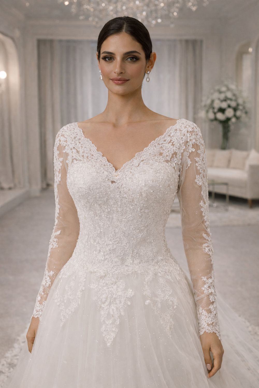 Vestido de Novia Corte A de Encaje Clásico con Mangas y Espalda Corsé