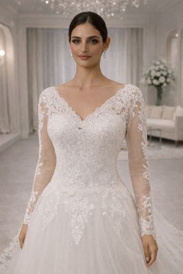 Vestido de Novia Corte A de Encaje Clásico con Mangas y Espalda Corsé