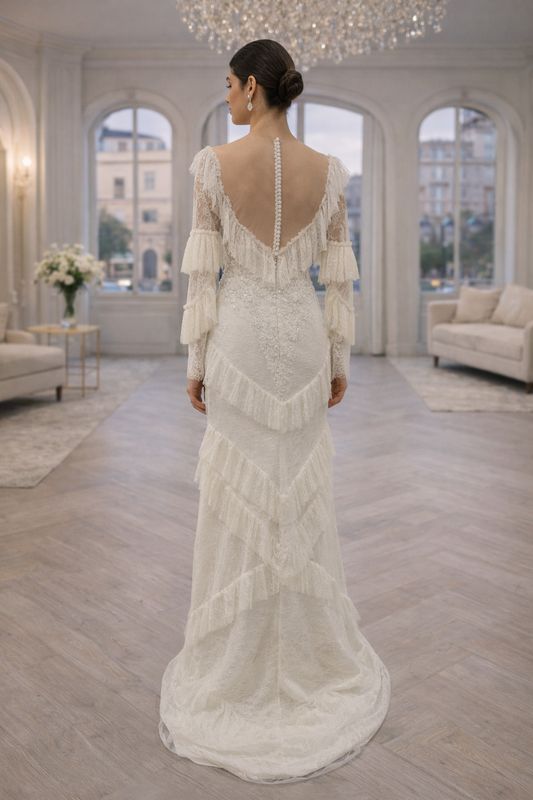 Vestido de Novia Corte Sirena de Encaje Español con Flecos, Mangas Largas y Cola