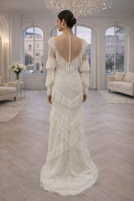 Vestido de Novia Corte Sirena de Encaje Español con Flecos, Mangas Largas y Cola