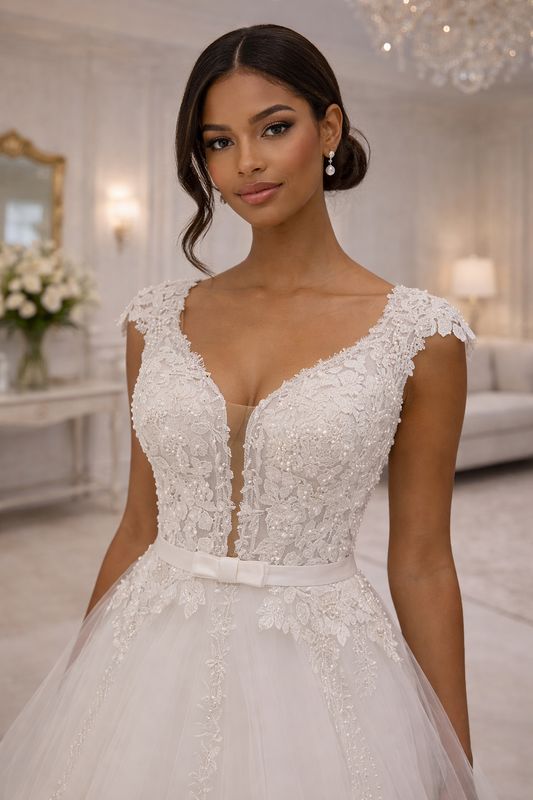 Vestido de Novia Corte A con Falda de Tul, Encaje Floral con Perlas y Espalda en U