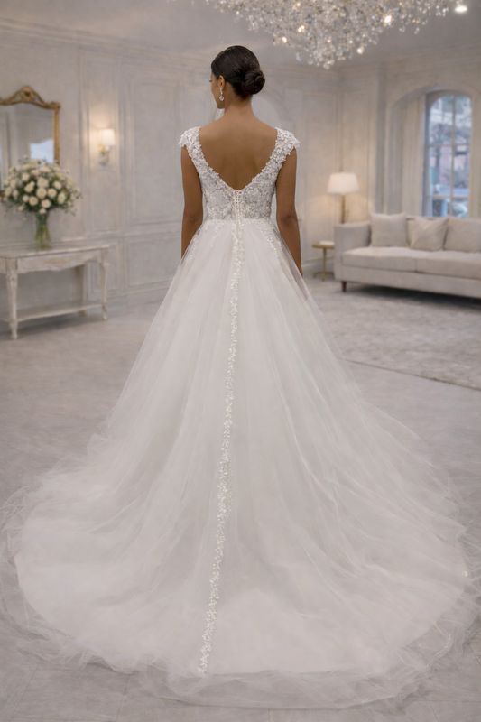 Vestido de Novia Corte A con Falda de Tul, Encaje Floral con Perlas y Espalda en U