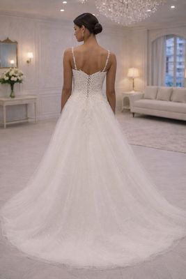 Vestido de Novia Corte A con Tiras de Cristales, Encaje Inspirado en Plumas de Pavo Real y Espalda Corsé