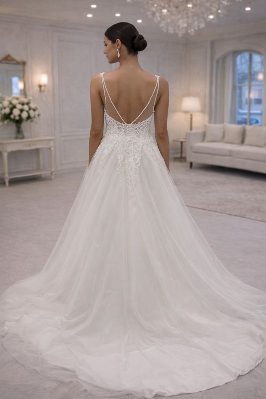Vestido de Novia con Cuerpo Bordado, Falda de Tul y Espalda Descubierta