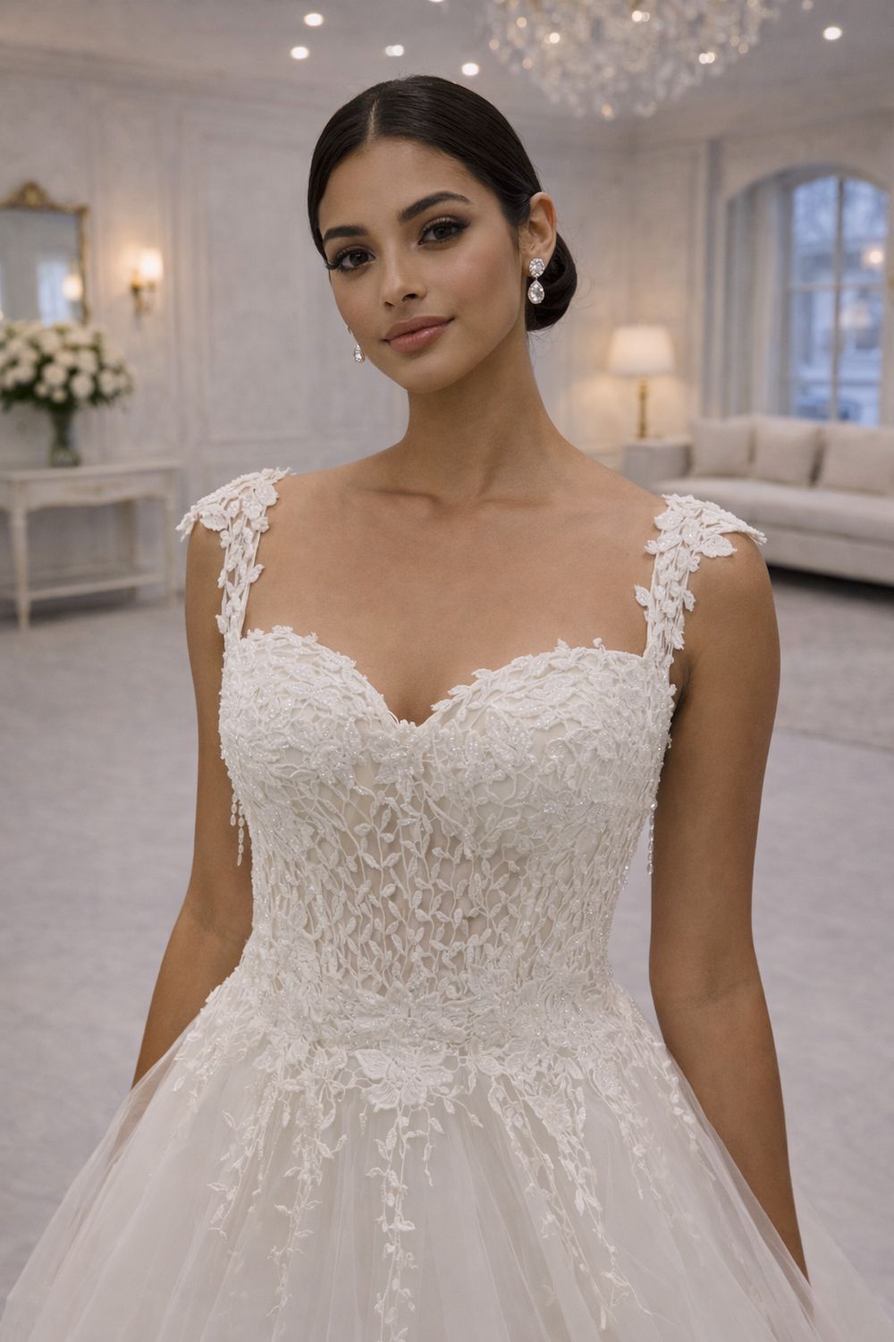 Vestido de Novia con Cuerpo Bordado, Falda de Tul y Espalda Descubierta