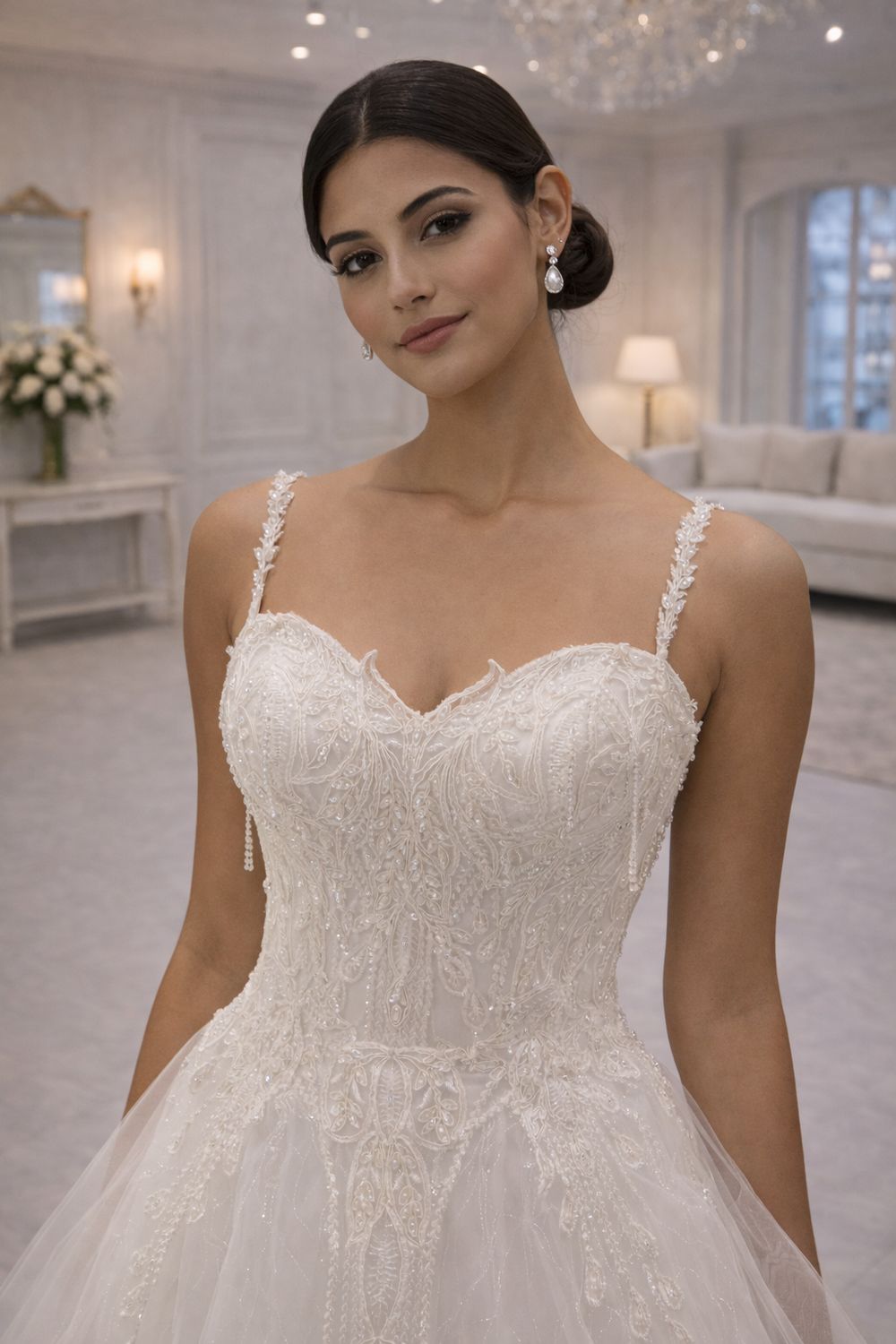 Vestido de Novia Corte A con Tiras de Cristales, Encaje Inspirado en Plumas de Pavo Real y Espalda Corsé