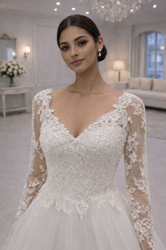 Vestido de Novia Corte A con Encaje Floral 3D, Mangas Largas y Espalda Corsé