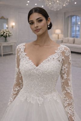 Vestido de Novia Corte A con Encaje Floral 3D, Mangas Largas y Espalda Corsé