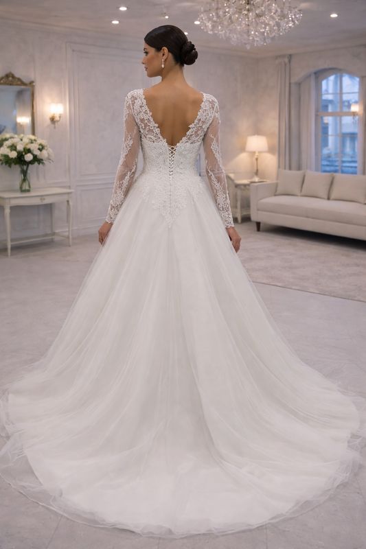 Vestido de Novia Corte A con Encaje Floral 3D, Mangas Largas y Espalda Corsé
