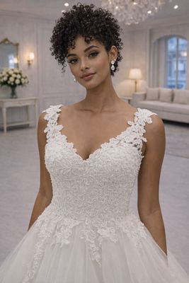 Vestido de Novia con Escote Decorado con Flores, Falda de Tul y Encaje