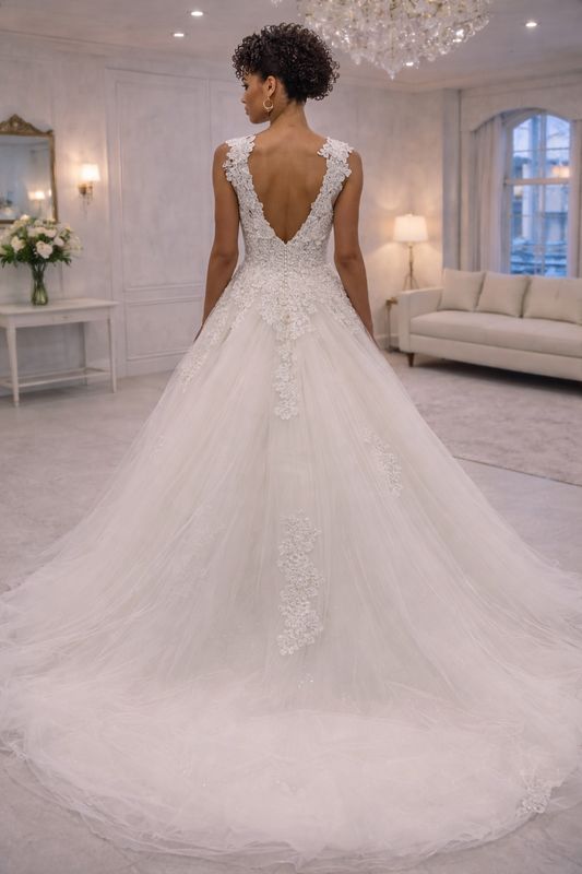 Vestido de Novia con Escote Decorado con Flores, Falda de Tul y Encaje