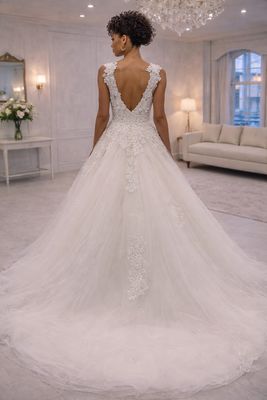 Vestido de Novia con Escote Decorado con Flores, Falda de Tul y Encaje