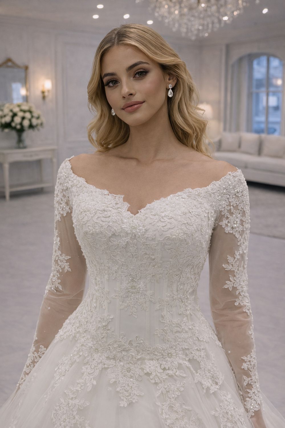 Vestido de Novia Corte Princesa con Encaje Floral, Corsé Estructurado y Mangas Largas