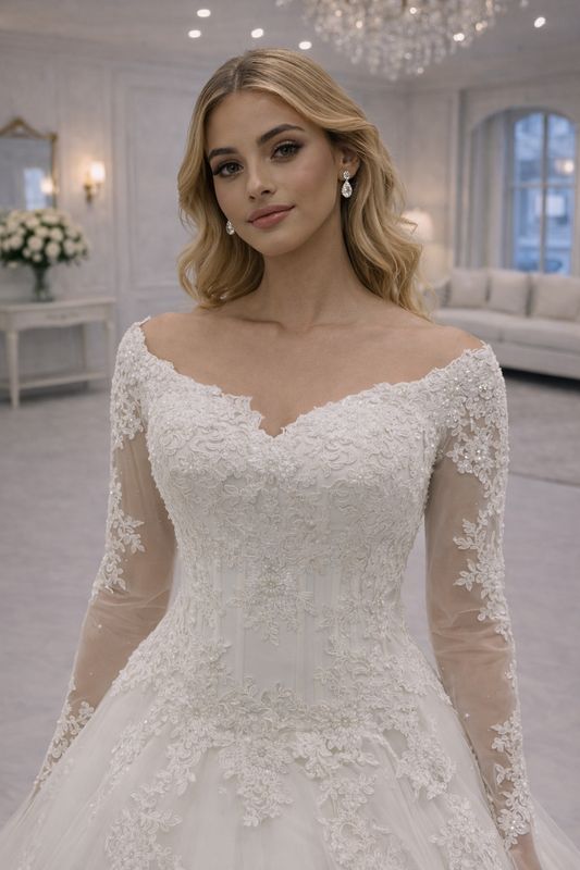 Vestido de Novia Corte Princesa con Encaje Floral, Corsé Estructurado y Mangas Largas