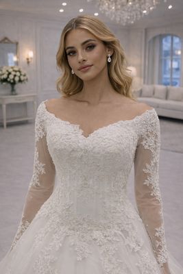 Vestido de Novia Corte Princesa con Encaje Floral, Corsé Estructurado y Mangas Largas