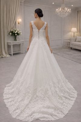 Vestido de Novia Corte A con Encaje Floral, Escote en V y Falda de Tul
