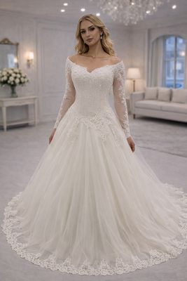Vestido de Novia Corte Princesa con Encaje Floral, Corsé Estructurado y Mangas Largas