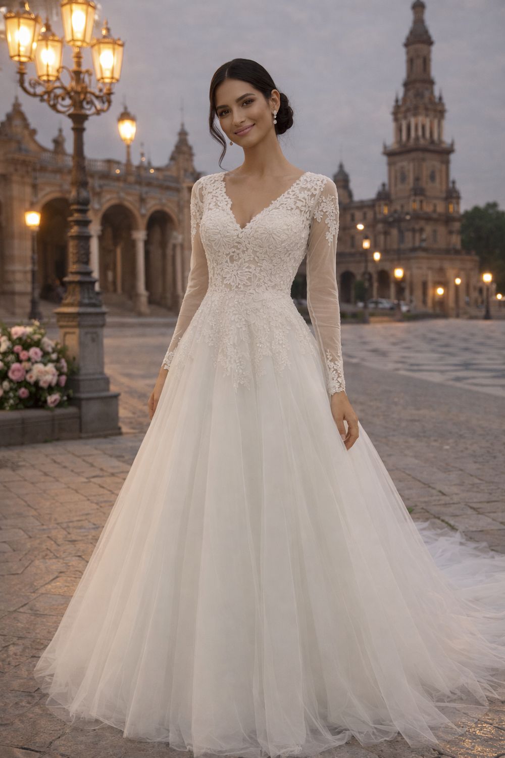 Vestido de Novia Corte A con Mangas Largas, Encaje en Puños y Escote en V
