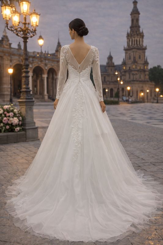 Vestido de Novia Corte A de Tul con Mangas Largas, Drapeado en Cadera y Espalda Translúcida