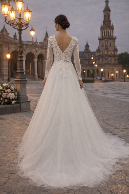 Vestido de Novia Corte A con Mangas Largas, Encaje en Puños y Escote en V