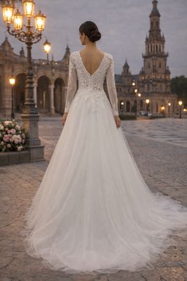 Vestido de Novia Corte A con Mangas Largas, Encaje en Puños y Escote en V