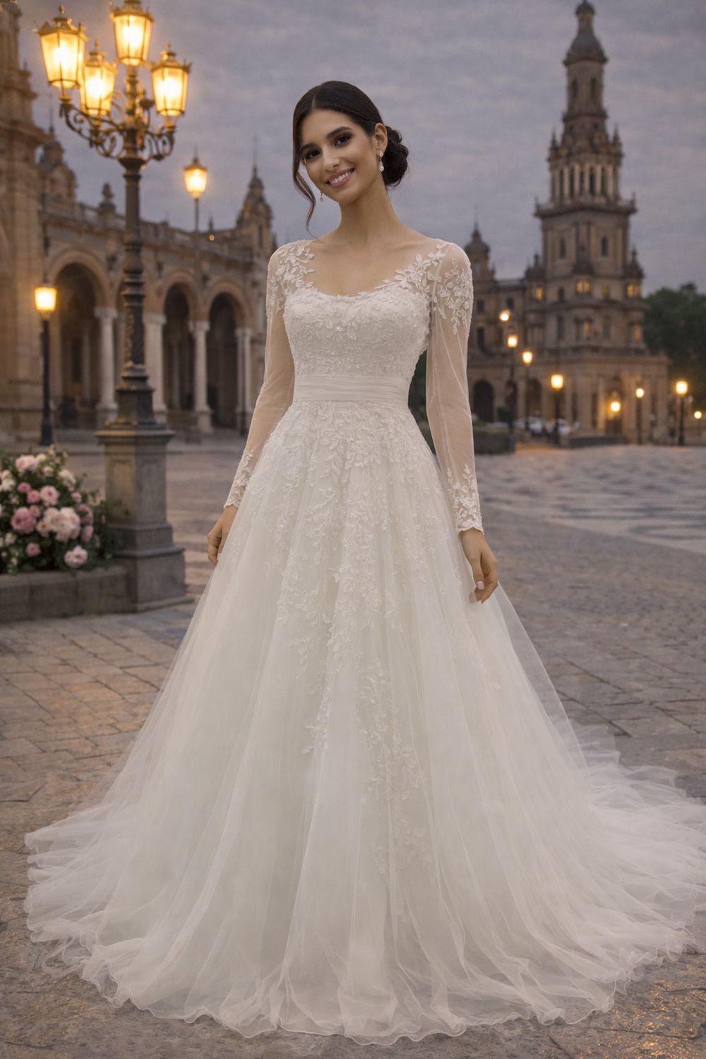 Vestido de Novia Blanco Corte A con Transparencia Superior y Bordado de Cristales