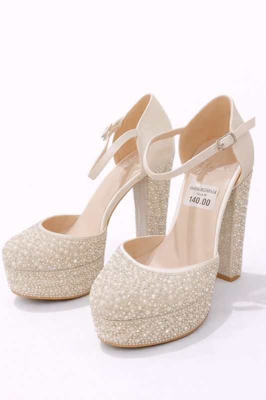 Zapato Alto Color Ivory de 12 cm con Cristales y Perlas