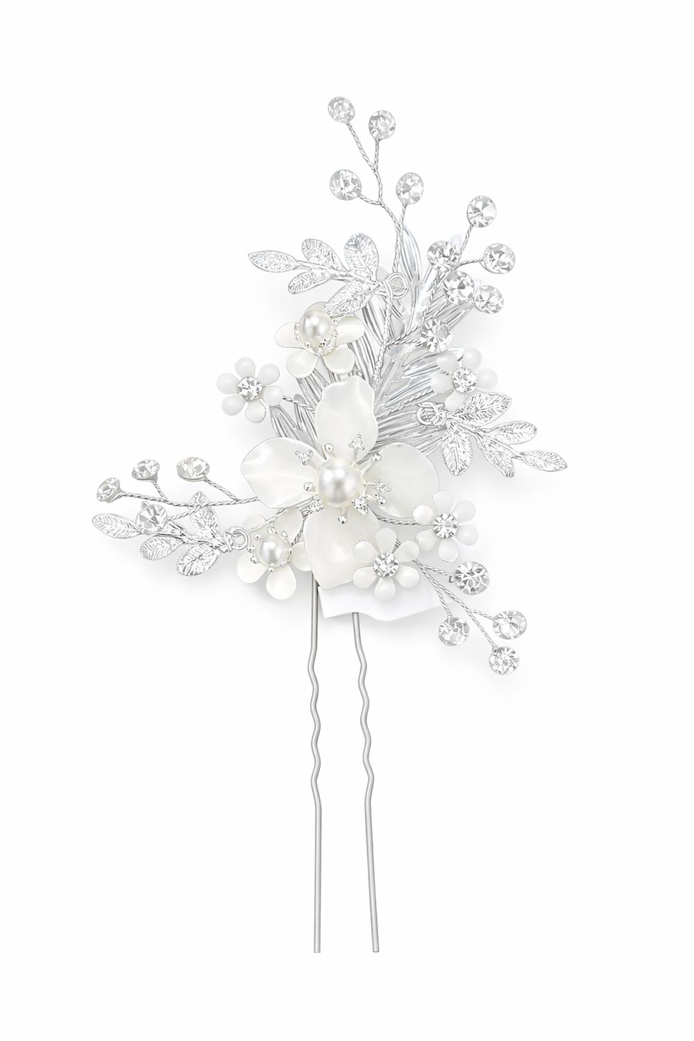 Horquilla Floral en Plata con Cristales y Detalles Blancos