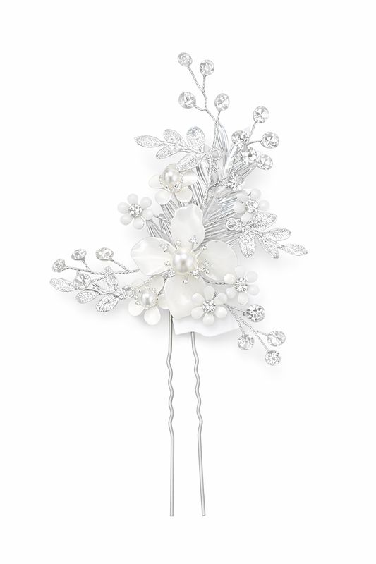 Horquilla Floral en Plata con Cristales y Detalles Blancos