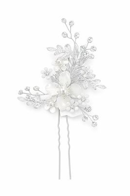 Horquilla Floral en Plata con Cristales y Detalles Blancos