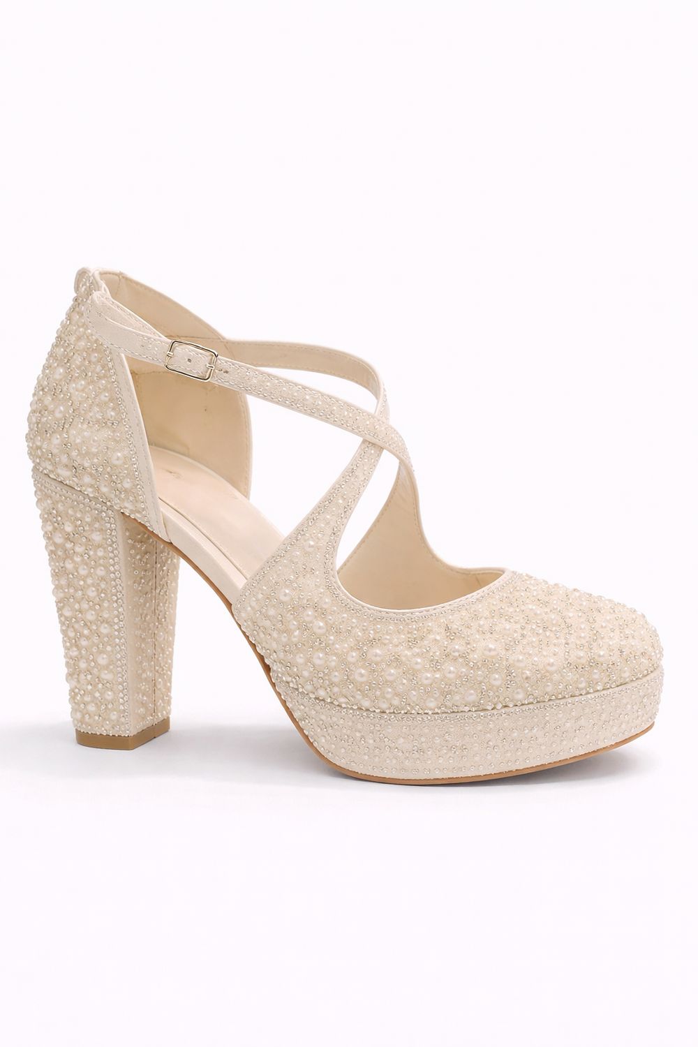 Zapato Blanco de 12 cm con Perlas y Cristales de Tiras Cruzadas