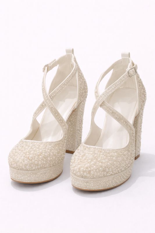 Zapato Blanco de 12 cm con Perlas y Cristales de Tiras Cruzadas
