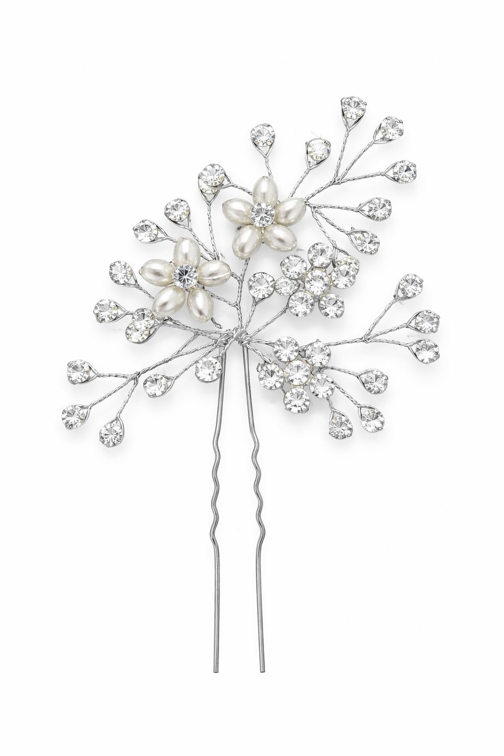 Horquilla Floral en Plata con Cristales y Perlitas